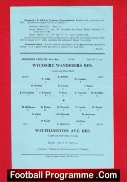 Wycombe Wanderers v Walthamstow Avenue 1958 - Reserves Match - football programme
