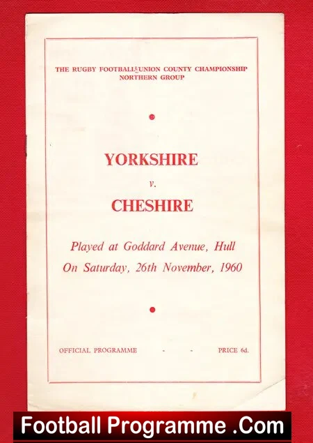Yorkshire Rugby v Cheshire 1960 – at Goddard Avenue – Hull