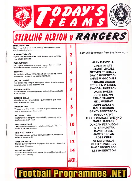 Stirling Albion v Glasgow Rangers 1993 - Opening Of Floodlights