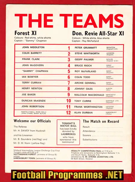 Sammy Chapman Testimonial Benefit Match Notts Forest 1976 SIGNED