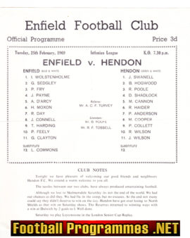 Enfield v Hendon 1969 – Single Sheet