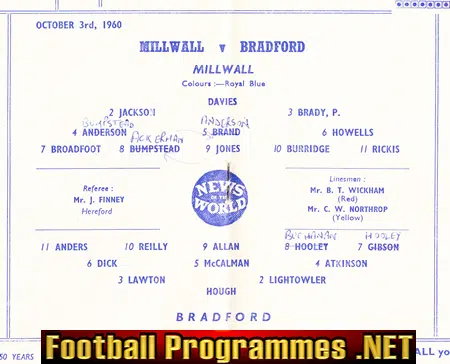 Millwall v Bradford 1960
