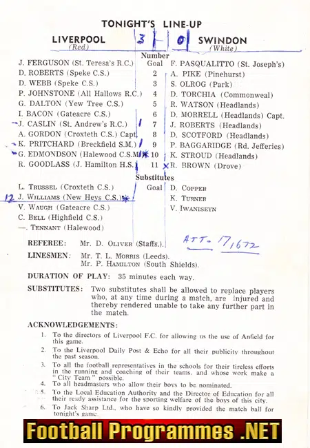Liverpool Boys v Swindon Boys 1969 - Schoolboys Trophy Cup Final