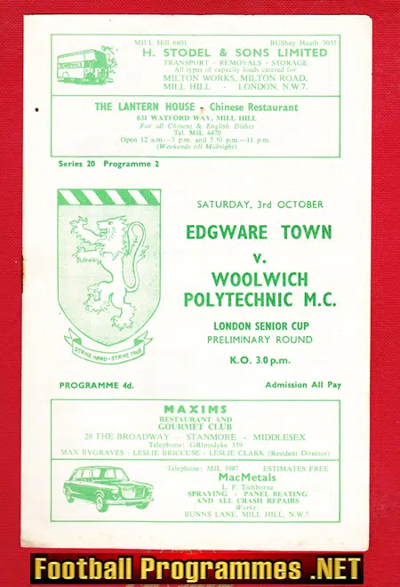 Edgware Town v Woolwich Polytechnic 1964 - no year