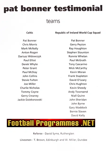 Packie Bonner Testimonial Benefit Match 1997 - Signed