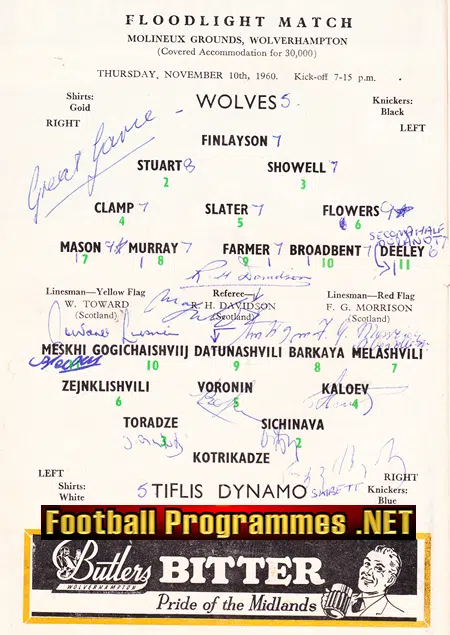 Wolves Wolverhampton v Tiflis Dynamo 1960 - Multi Autographs