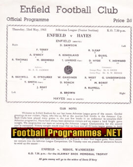 Enfield v Hayes 1963 – Single Sheet Programme