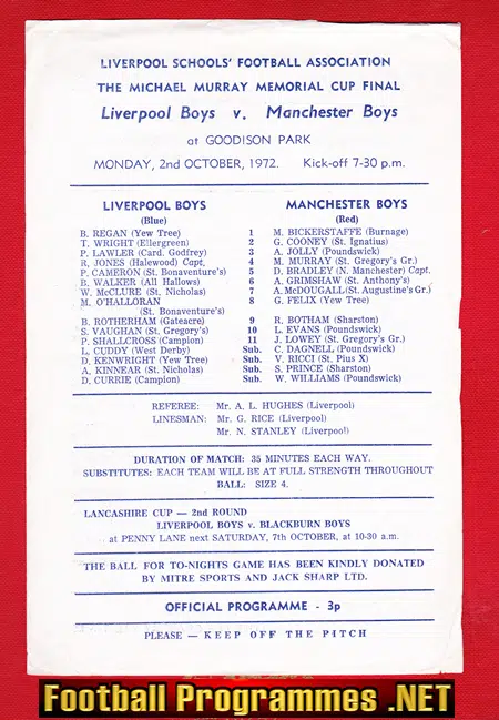 Liverpool Boys v Manchester Boys 1972 – Schoolboys Goodison Park