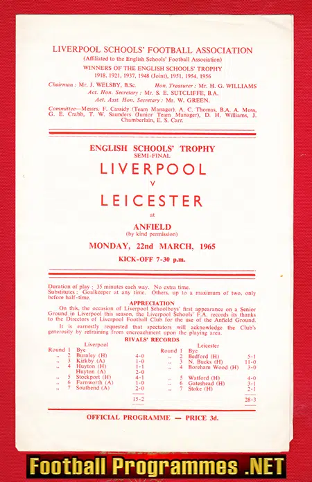 Liverpool Boys v Leicester Boys 1965 – Schoolboys Semi Final
