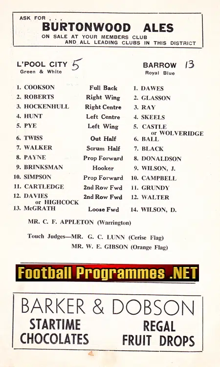 Liverpool City Rugby v Barrow 1960 - Knotty Ash Stadium