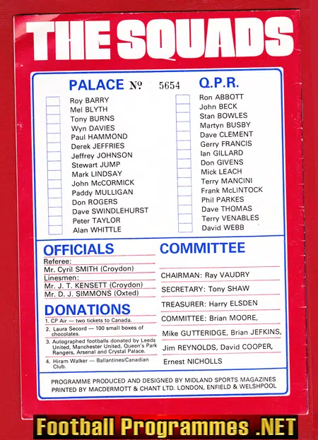 John McCormick Testimonial Benefit Match Crystal Palace 1974