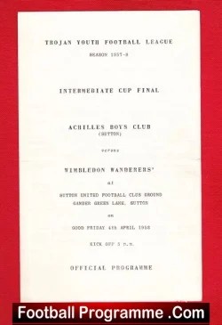 Achilles Boys Club v Wimbledon Wanderers 1958 - Cup Final - football programme