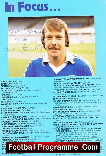 Alan Hunter Testimonial Benefit Match Ipswich Town 1981 SIGNED