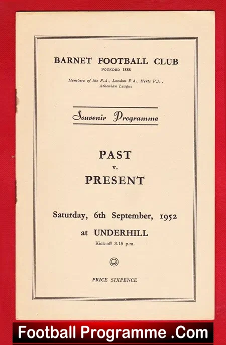 Barnet Past v Barnet Present 1952 – Souvenir Programme 1950s