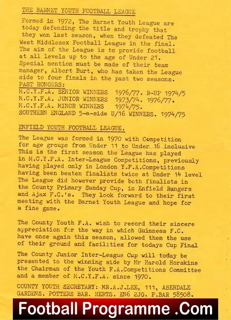 Barnet v Enfield 1978 - Youth Cup Final