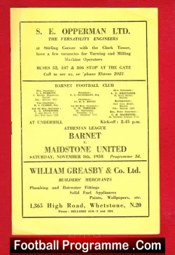 Barnet v Maidstone 1958 - football programme