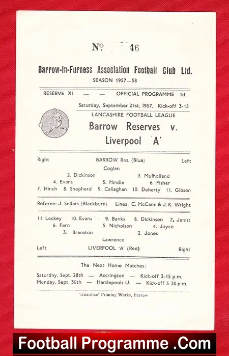 Barrow v Liverpool 1957 – Reserves Match