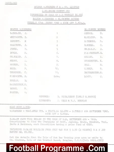 Bolton Wanderers v Blackburn Rovers 1982 – Isle Of Mann IOM