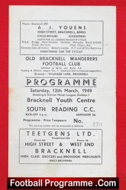 Bracknell v South Reading 1949 - Youth Match Vicarage Lane - football programme