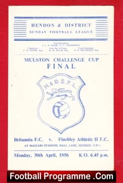 Britannia v Finchley 1956 - Mulston Cup Final Maccabi Hendon - football programme