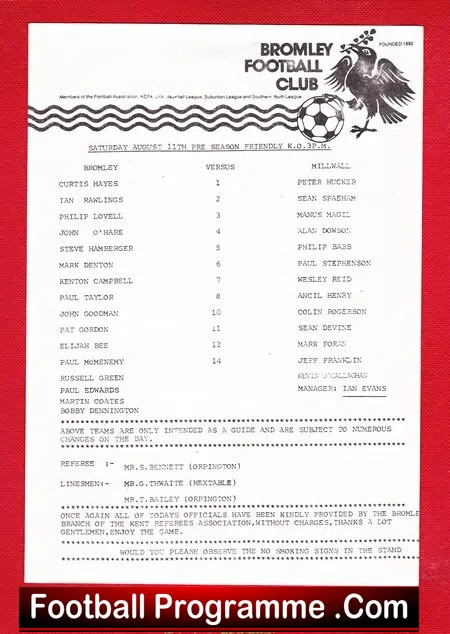 Bromley v Millwall 1990 – Pre Season Friendly