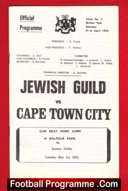Cape Town City v Jewish Guild 1973 - South Africa Friendly Match - football programme