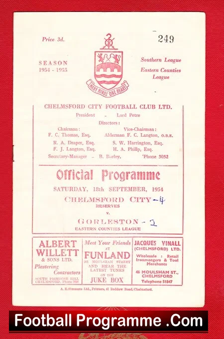 Chelmsford City v Gorleston 1954 – Eastern Counties League