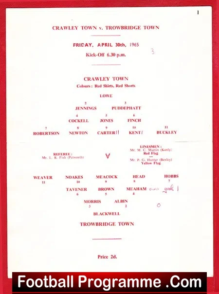 Crawley Town v Trowbridge Town 1965 – Single Sheet