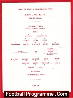 Crawley Town v Trowbridge Town 1965 – Single Sheet