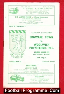 Edgware Town v Woolwich Polytechnic 1964 - no year - football programme