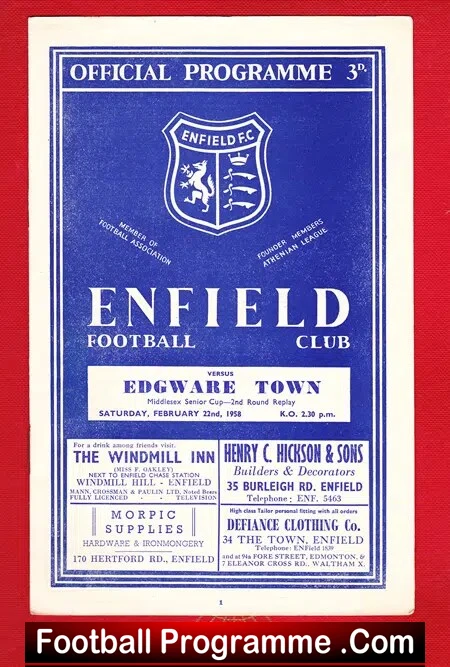 Enfield v Edgware Town 1958 – Middlesex Senior Cup Replay