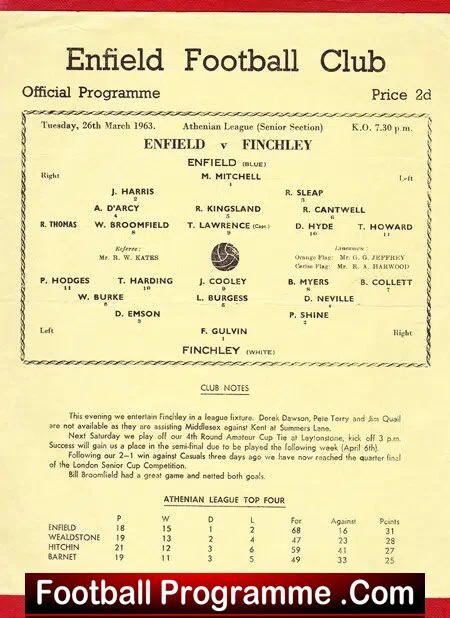 Enfield v Finchley 1963 – Single Sheet Programme