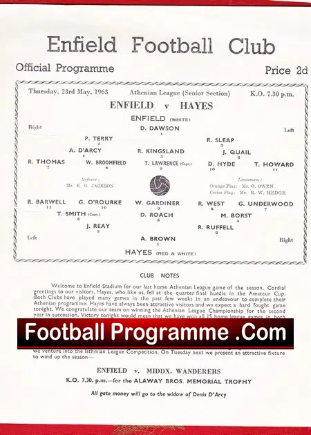 Enfield v Hayes 1963 – Single Sheet Programme