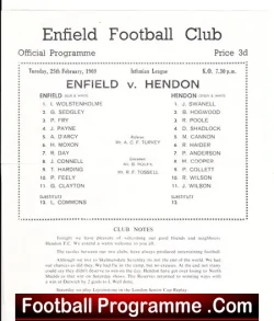 Enfield v Hendon 1969 - Single Sheet - football programme