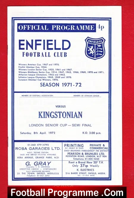 Enfield v Kingstonian 1972 – Senior Cup Semi Final