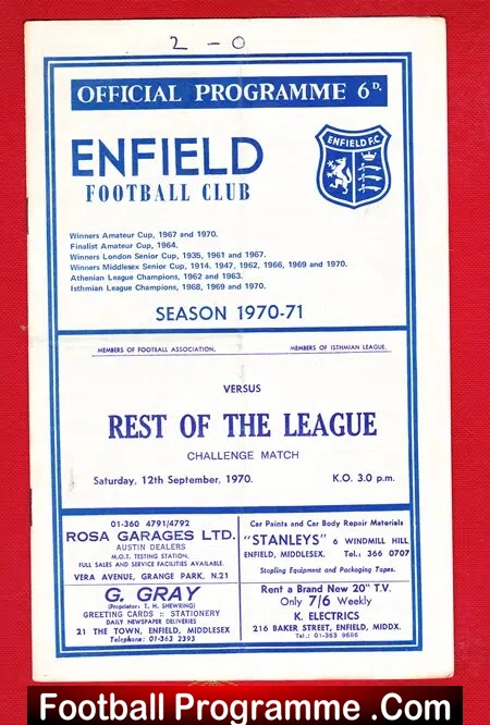 Enfield v Rest Of The League 1970 – Friendly Football Match