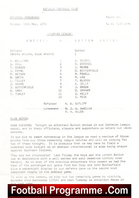 Enfield v Sutton United 1972 – Single Sheet