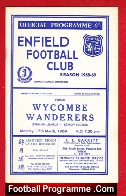 Enfield v Wycombe Wanderers 1969 - football programme