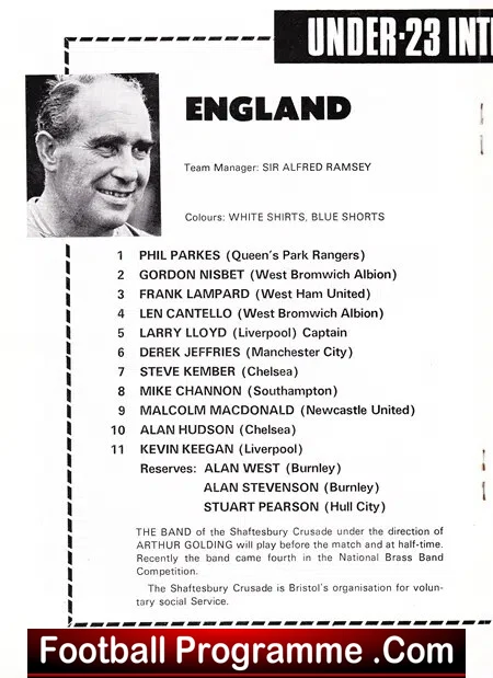 England v Germany 1971 - Under 23 Team at Ashton Gate Bristol
