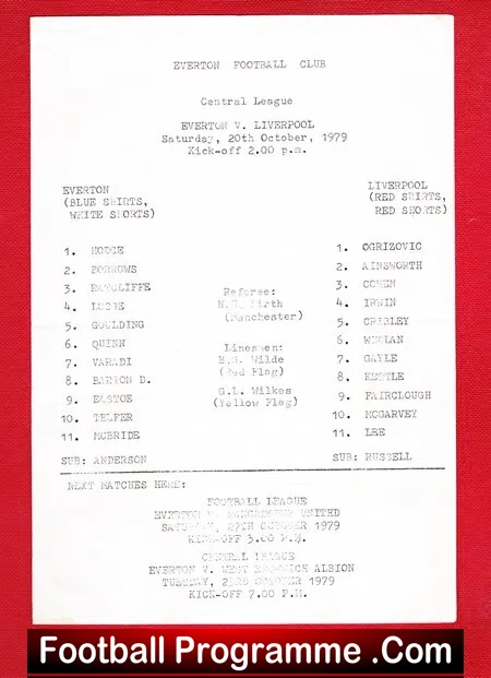 Everton v Liverpool 1979 - Reserves Match Single Sheet