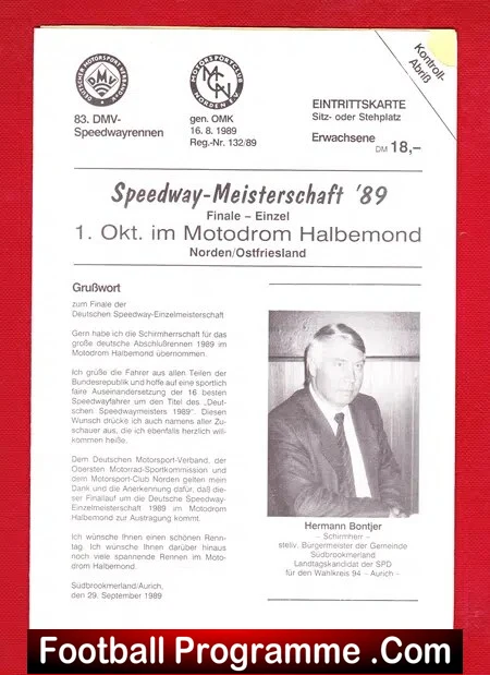 Germany Meisterschaft Speedway Programme Deutsche Final 1989