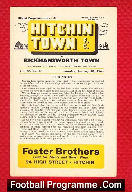 Hitchin Town v Rickmansworth Town 1964 – Herts Senior Cup