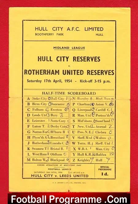 Hull City v Rotherham United 1954 – Reserves Match Single Sheet