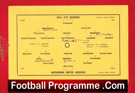 Hull City v Rotherham United 1954 - Reserves Match Single Sheet