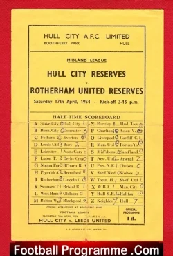 Hull City v Rotherham United 1954 – Reserves Match Single Sheet