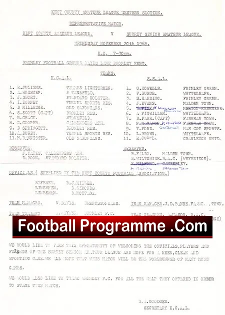 Kent County League v Surrey Senior League 1968 – at Bromley