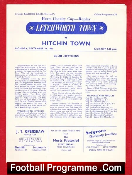 Letchworth Town v Hitchin Town 1962 – Herts Charity Cup Replay