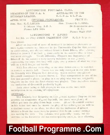 Leytonstone v Ilford 1960 – Essex Thameside Cup Replay