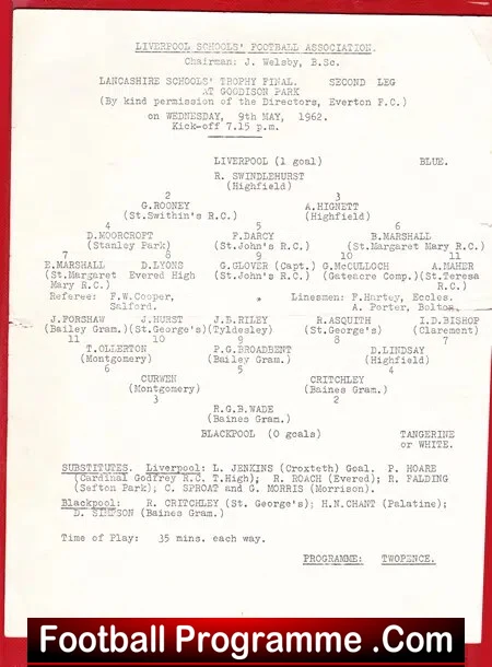 Liverpool Boys v Blackpool Boys 1962 – at Goodison Park Everton