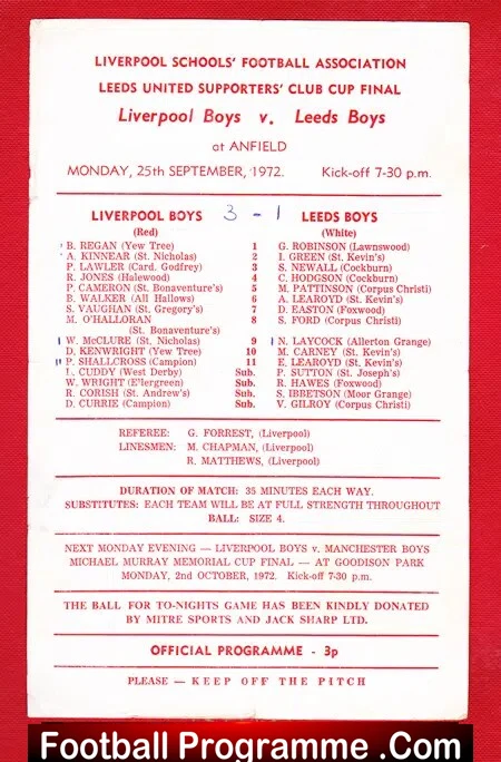 Liverpool Boys v Leeds Boys 1972 – Schoolboys Cup Final